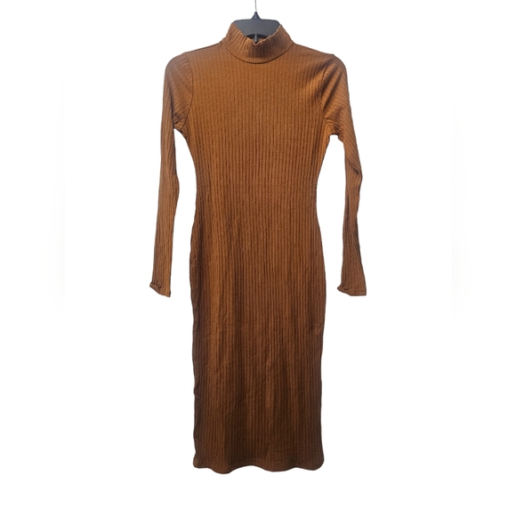 NWT Mock Neck Long Sleeve Hacci Ribbed Side Slit Bodycon Midi Dress Small - Picture 3 of 4